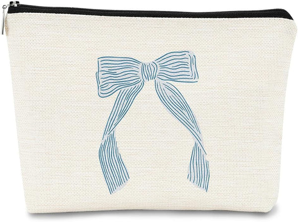 Light Blue Coquette Bow Aesthetic Makeup Bag - Cute Trendy Preppy Makeup Pouch, Preppy Gifts