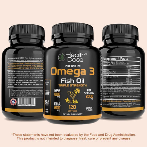 Omega 3 Fish Oil 2000mg – Lemon-Flavored Softgels with EPA 800mg & DHA 600mg for Brain, Heart, Wellness Support