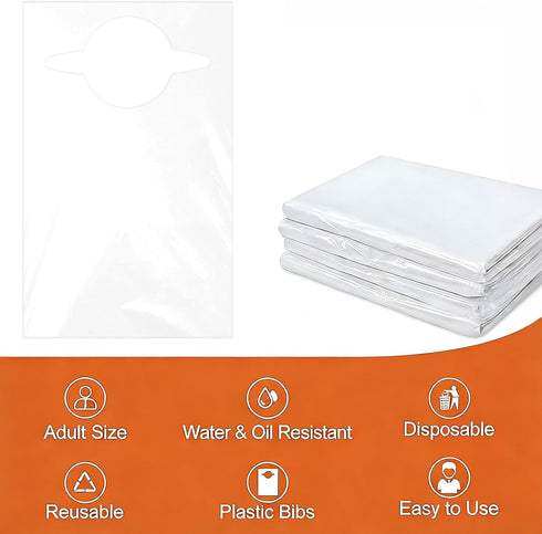 LOLYSIC 200 Pcs Disposable Adult Bibs, Large Waterproof Plastic Bibs for Elderly, Men & Women, Single Use Dining