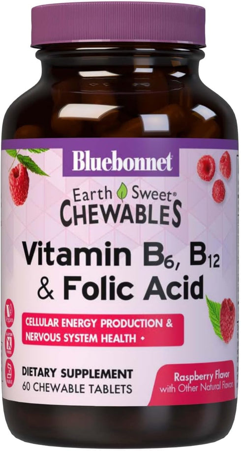 Bluebonnet Nutrition Earth Sweet Vitamin B6, B12, Plus Folic Acid Chewable Tablets, 60 Raspberry Flavor