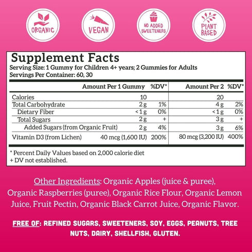 Llama Naturals Vitamin D3 - Vegan Organic Immune Support Supplement, 60 Ct Real Fruit Gummy Vitamins