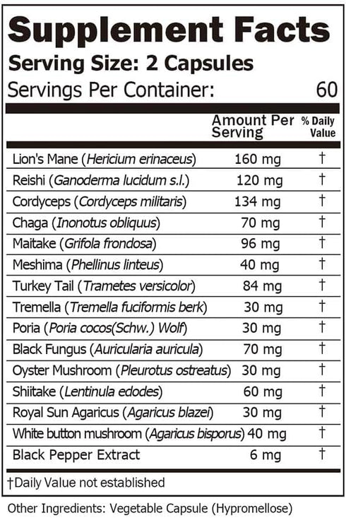 14 Mushrooms Supplement 120 Capsules - Immune System Booster & Nootropic Brain Supplement with Black Pepper