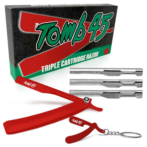 Tomb 45 Triple Cartridge Razor Holder, Disposable Razor Safety Handle for Barbers, Men's Straight Edge Shaver (Red)