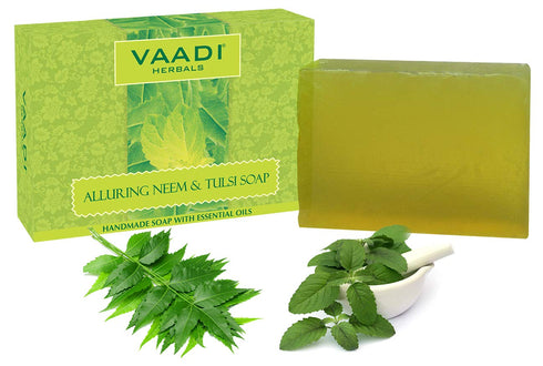 Vaadi Herbals Neem Tulsi Bar Soap with Tea Tree Oil, Handmade Herbal Soap, 100% Pure Essential Oils, Pack of 3