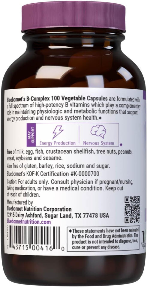 Bluebonnet Nutrition B Complex 100 Vegetable Capsules, Complete Full Spectrum, Vegan, Gluten Free, Kosher