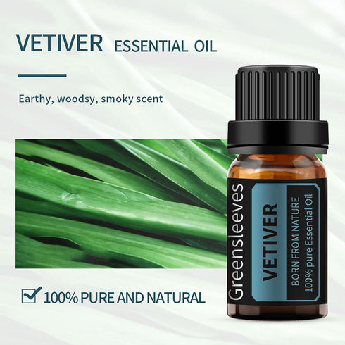 GREENSLEEVES Vetiver Essential Oil, Pure Organic Diffuser Oil 10ml for Massage