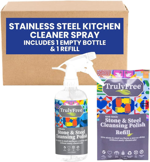 Stone & Steel Cleansing Polish Starter Kit, 16oz Spray Bottle with 2 Refills for Quartz, Marble, Granite