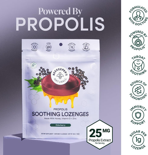 Immune Lozenges, 14 Beekeeper's Naturals Soothing Honey Elderberry Cough Drops Support with Vitamin D, Zinc