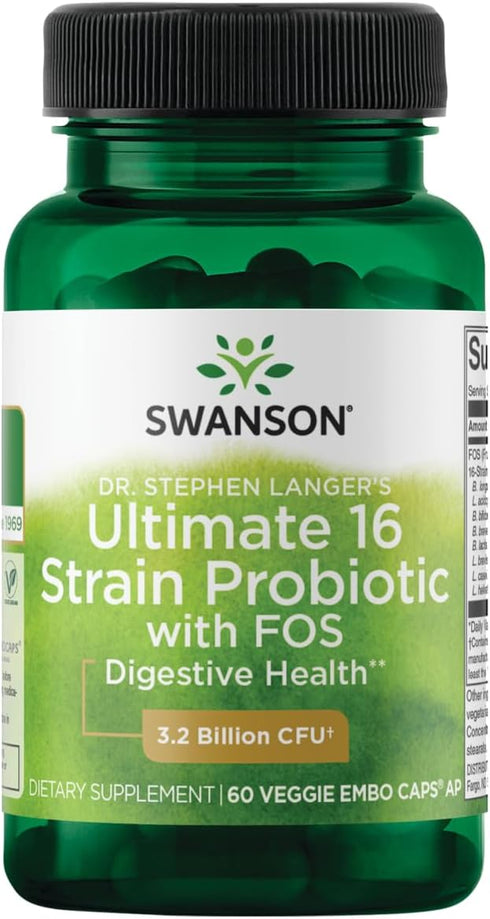 Swanson Dr. Stephen Langer's Formula, Natural Probiotic w/Prebiotic FOS, 60 Veggie Capsules, 16-Strain Digestive Support