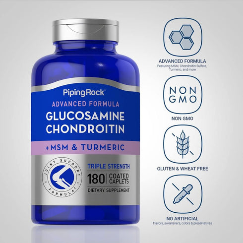 Piping Rock Glucosamine Chondroitin with Turmeric & MSM | 180 Caplets, Triple Strength, Non-GMO, Gluten Free