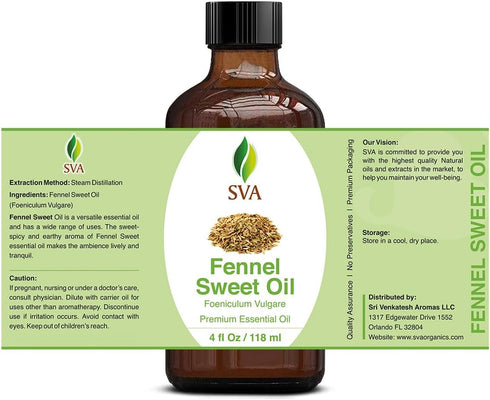 SVA Sweet Fennel Essential Oil, 4 Fl Oz, 100% Natural Fennel Oil for Diffuser, Hair Care, Skin Care, Aromatherapy,