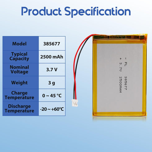 Winfox 3.7V 2500mAh 385677 Pack PH2.0mm Lipo Battery Rechargeable Lithium Polymer Battery with JST Connector
