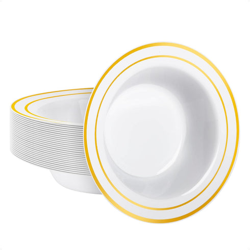 Goodluck 25 Pack Plastic Bowls with Gold Rim, 12oz Disposable Soup Bowls for Weddings, Parties, Dinners, Catering