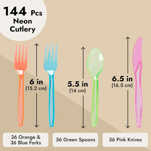 Juvale Rainbow Plastic Silverware Set, Neon Forks, Knives, Spoons (144 Pieces)