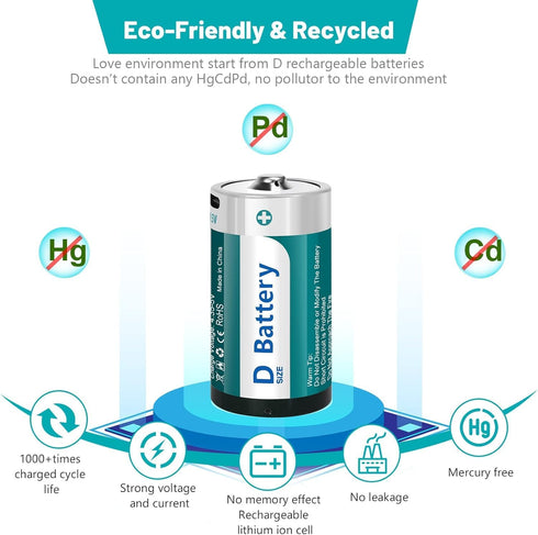 2 Pack Rechargeable Lithium D Cell Batteries with USB 4 in 1 Charging Cable, 1.5V LR20 Battery Replacement for Toys