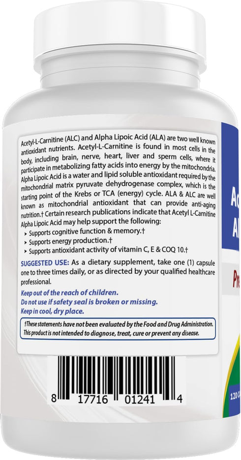 Best Naturals Acetyl L-Carnitine and Alpha Lipoic Acid, 750 mg, 120 Capsules