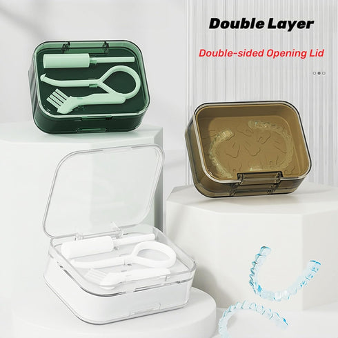 Double-layer Retainer & Aligner Case, Mouthguard and Night Guard Storage Case, Travelling Dental Retainer Cleaning Case with Removal Tool, Brush and Chewer (Brown)