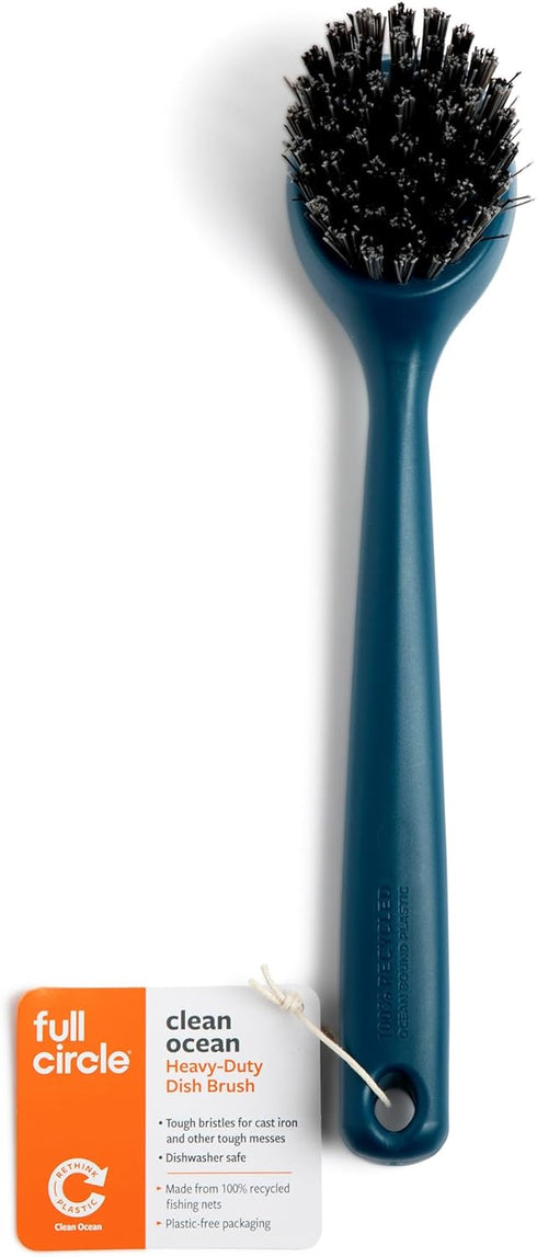 Full Circle Clean Ocean Heavy Duty Dish Brush, Cast Iron Brush with Handle, Tough Bristles, Ergonomic Grip, 100%