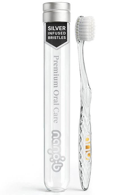 Nano-b Manual Toothbrush for Adults with Sensitive Gums, Silver Soft/Medium Bristles, Travel