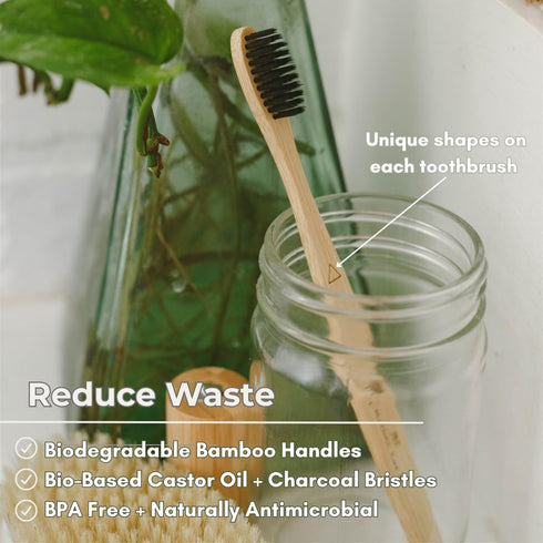 Bamboo Charcoal Toothbrush Pack, Medium Soft Bristle Brush, Charcoal Infused, Biodegradable & Eco-Friendly (Pack of 4)