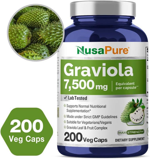 NusaPure Graviola 200 Veggie Caps, 7,500 mg Equivalent, Non-GMO Extract 20:1