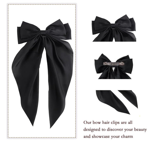 Oversized Long-tail Silky Satin Bow for Hair, Large Black Hair Barrettes for Women Girl, Cute Aesthetic Hair