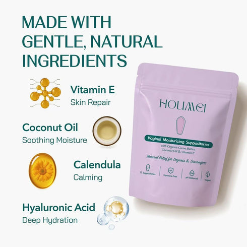 HOUMEI 12 Counts Vaginal Suppositories with Vitamin E and Hyaluronic Acid, Organic Feminine Moisturizer for Dryness