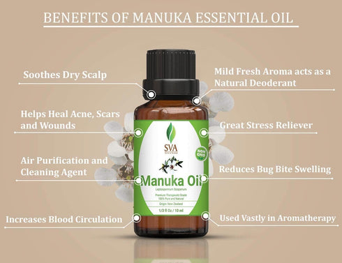 SVA Organics 10 ml Manuka Essential Oil, Pure Natural Undiluted Oil for Skin, Face, Nails, Body Care & Aromatherapy