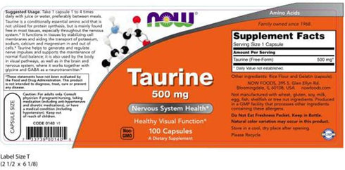 NOW Foods Taurine 500 mg Caps, 2 pk