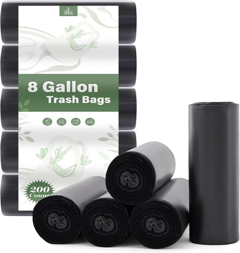 Jaoul 8 Gallon Trash Bags, 200 Counts, Extra Strong for 30 Liter Trash Can, Black