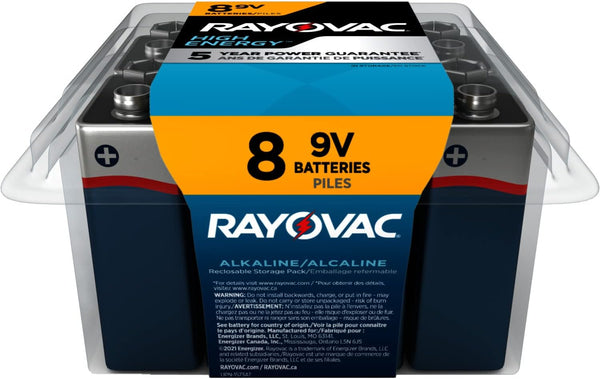Rayovac High Energy 9V Batteries, Alkaline 9 Volt, 8 Pack