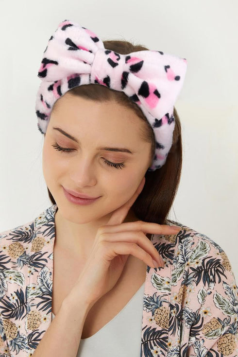 Spa Headbands for Women - Pink Leopard Girls Makeup Bow Tie Head Band, Soft Microfiber Face Wash Headbands