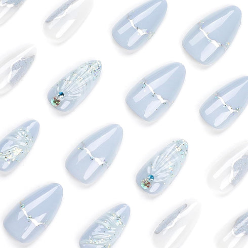 KKUUOO Medium Almond Light Blue Press on Nails, French False Nails with Shell Design & Rhinestones, 24 Pcs