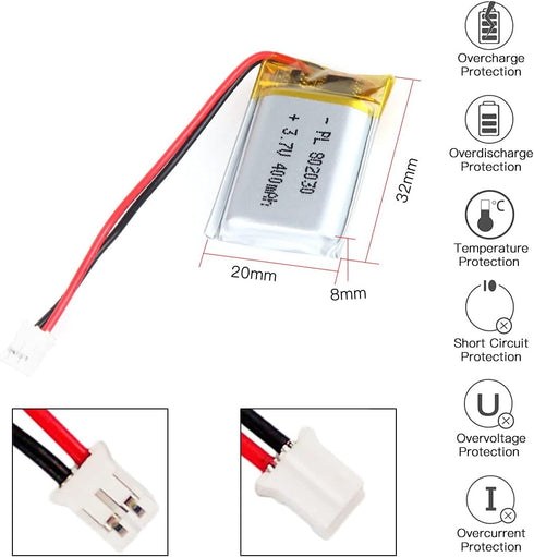 3.7V 400mAh Battery 802030 Lithium Polymer Ion Rechargeable Li-ion Li-Po Battery with 2P PH 2.0mm Pitch Connector
