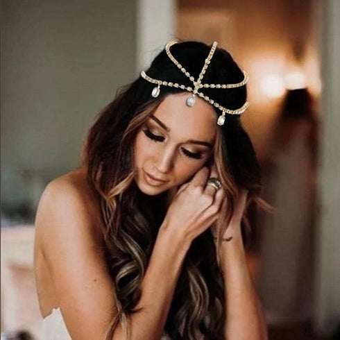 Yalice Gold Layered Rhinestone Head Chain Jewelry, Sparkly Bridal Headpieces for Women and Girls
