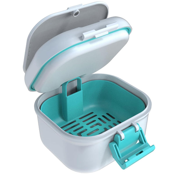ARGOMAX Leak Proof Denture Bath Cup, Portable Soaking Box with Strainer, Upgraded Version for Dentures and Braces