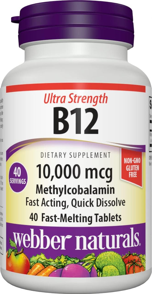Webber Naturals Vitamin B12, 10,000 mcg Ultra Strength, 40 Count, Fast-Melting Tablets, Gluten Free, Non-GMO, Vegan