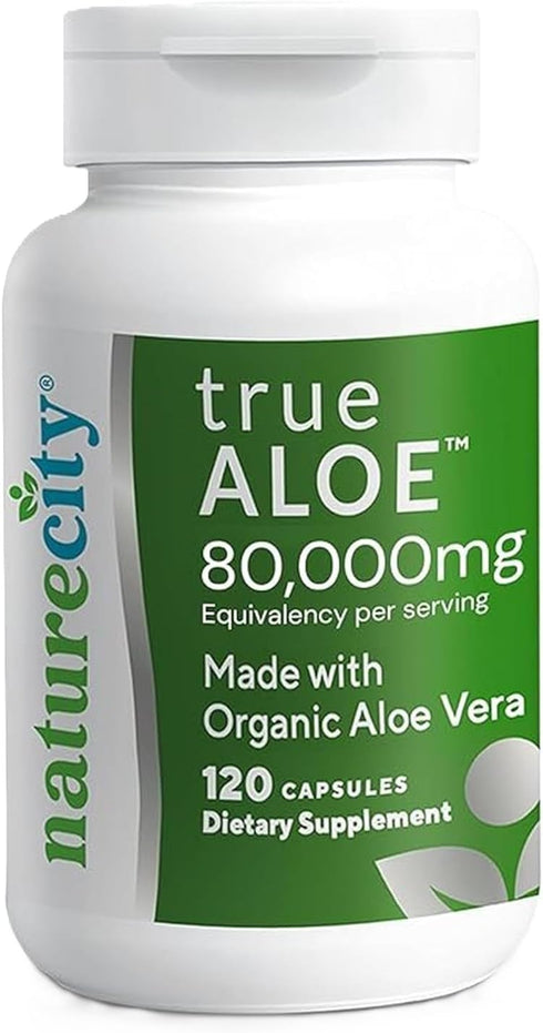 NatureCity True-Aloe Organic Aloe Vera Gut Health Support – 80,000mg Per Serving – 120 Capsules for Digestive, Skin &
