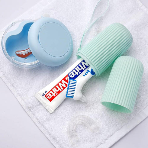 Anbbas 2pcs Double Bristle Head Denture Brush - Dental Cleaning Brush with Portable Toothbrush Cup Holder