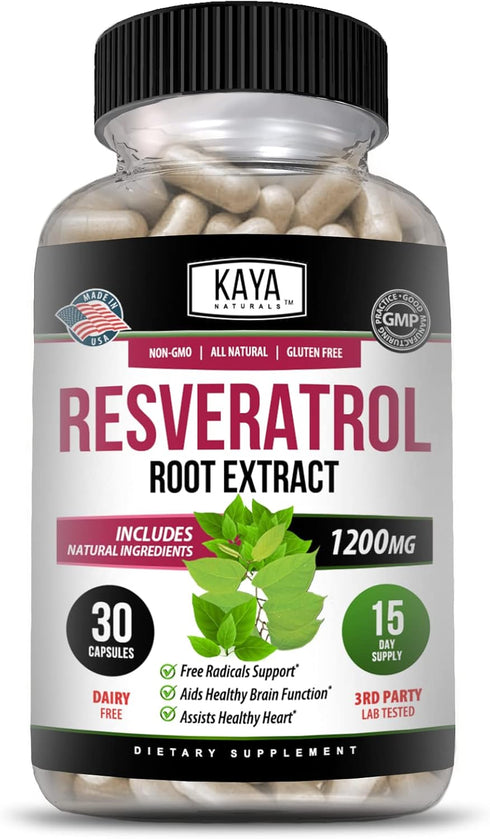 Kaya Naturals Resveratrol Capsules - Anti Aging Supplement with Antioxidants & Brain Support - 30 Veggie Capsules