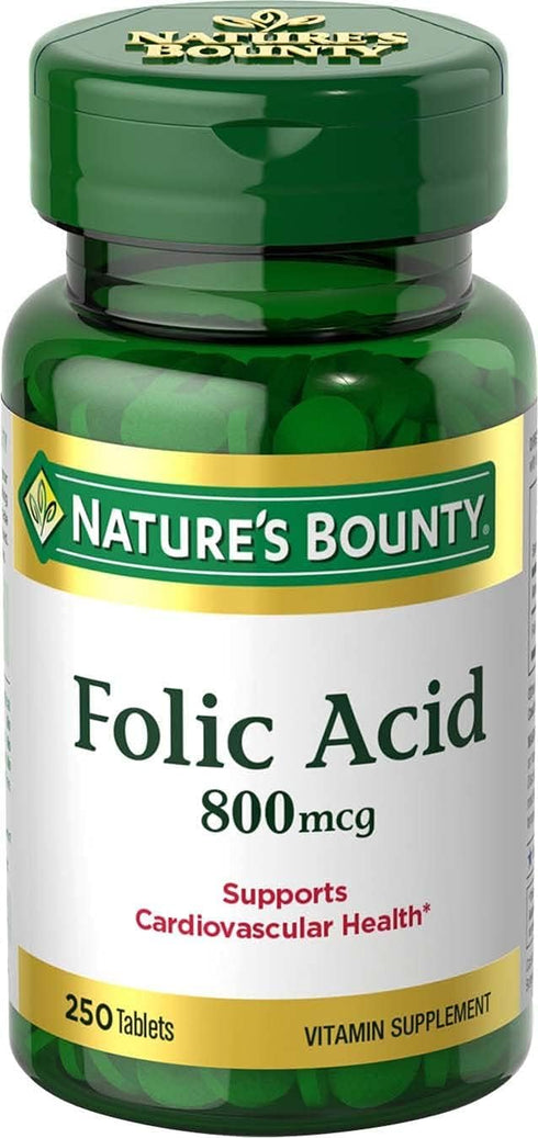 Nature's Bounty Folic Acid 800 mcg Vitamin Supplement, Maximum Strength - 250 Tablets, Pack of 2
