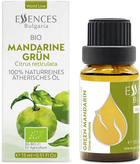 Essences Bulgaria Organic Green Mandarin Essential Oil 0.51 Fl Oz 15ml Citrus reticulata - 100% Pure and Natural Undiluted Therapeutic Grade Aromatherapy Diffuser Humidifier Candle Making Body Oil