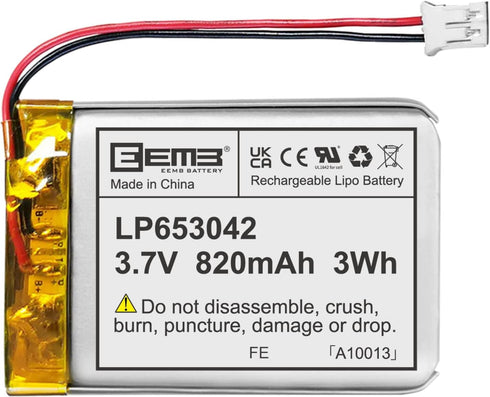 EEMB Lithium Polymer Battery Pack, 3.7V 820mAh 653042 Lipo Rechargeable with Wire JST Connector for Speaker and