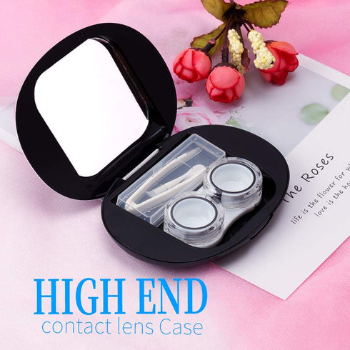 ofone Cute Contact Lens Case, Oval Holder with Removal Tool, Mirror, and Tweezers for Women and Girls (Black)