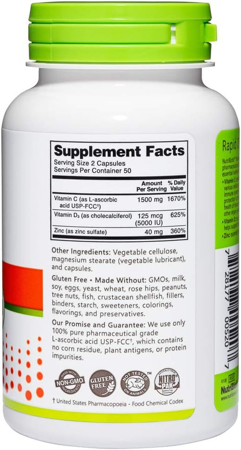 NutriBiotic Vitamin C + Vitamin D3 & Zinc, 100 Capsules | Comprehensive Immune Support | Antioxidant Daily Supplement,