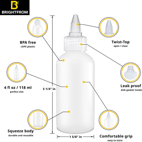 BRIGHTFROM Twist Top Applicator Bottles, Squeeze 4 OZ Empty Plastic Bottles, Refillable, Clear Open/Close Nozzle - Multi Purpose (Pack of 2) by BRIGHTFROM