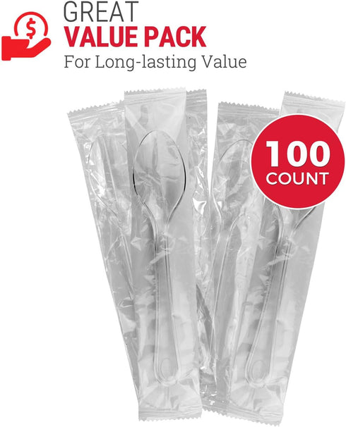 2X Heavy Duty Clear Plastic Spoons Individually Wrapped 100 Count, Sturdy Like Silverware, Perfect for Event Catering, Party, and Take out.