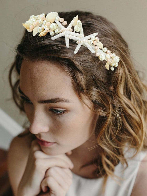 Unicra Silver Starfish Headband, Silver Pearl Bridal Hair Band for Beach Wedding Accessories