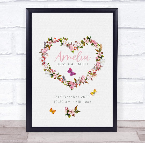 The Card Zoo New Baby Birth Details Christening Nursery Heart Wreath Butterfly Gift Print