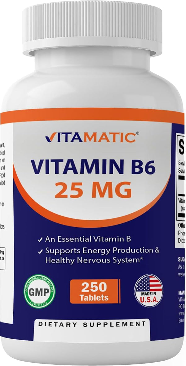 Vitamatic Vitamin B6 (Pyridoxine HCI) 25 mg, 250 Vegetarian Tablets | Promotes Energy Production and Immune Health
